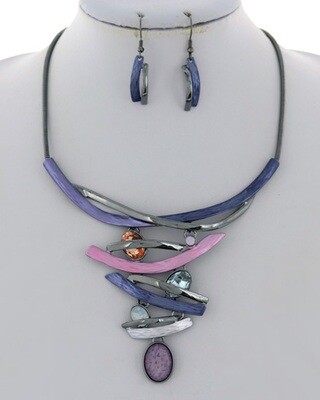 Hematite Purple Pink Multi Colored Statement Necklace Set