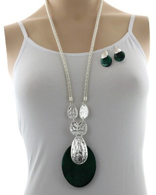 Silver Long Green Large Pendant Necklace Set