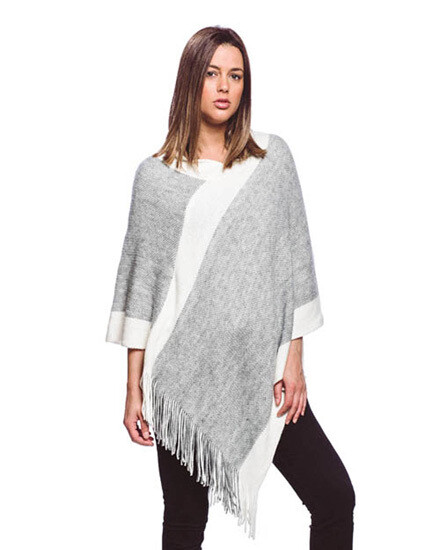 Super Soft Grey Off White Fringe Poncho