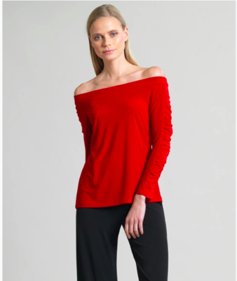Red Off Shoulder Ruched Sleeve Top