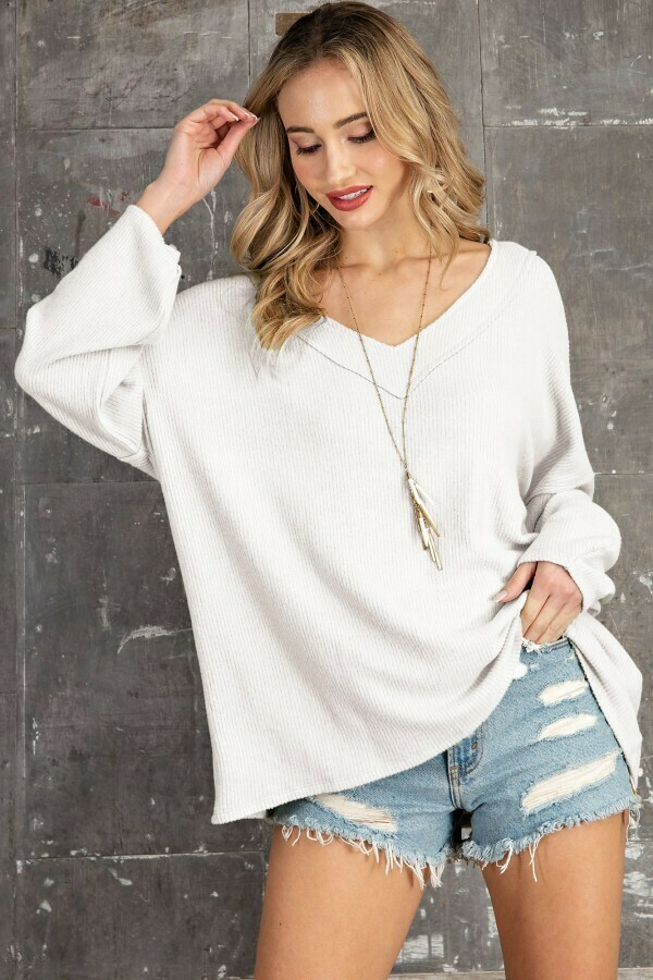 Cashmere Feel Rib V Neck Relaxed Fit Lounge Top