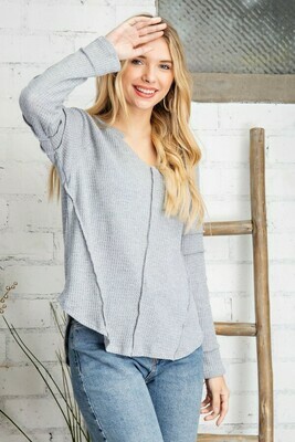 V Neck Out-Seam Overlock Detail Waffle Knit Top