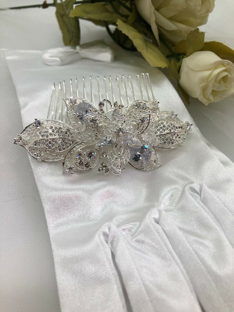 Silver Plated Lace Leaves/Crystal Hair Comb