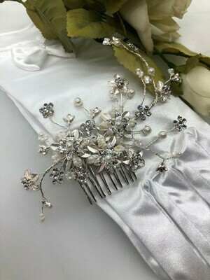 Brushed Silver Ivory Pearl Floral Hair Comb