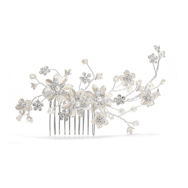Brushed Silver Ivory Pearl Floral Hair Comb