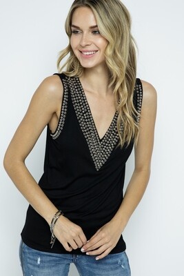 Black Bejeweled Neck Sleeveless Top