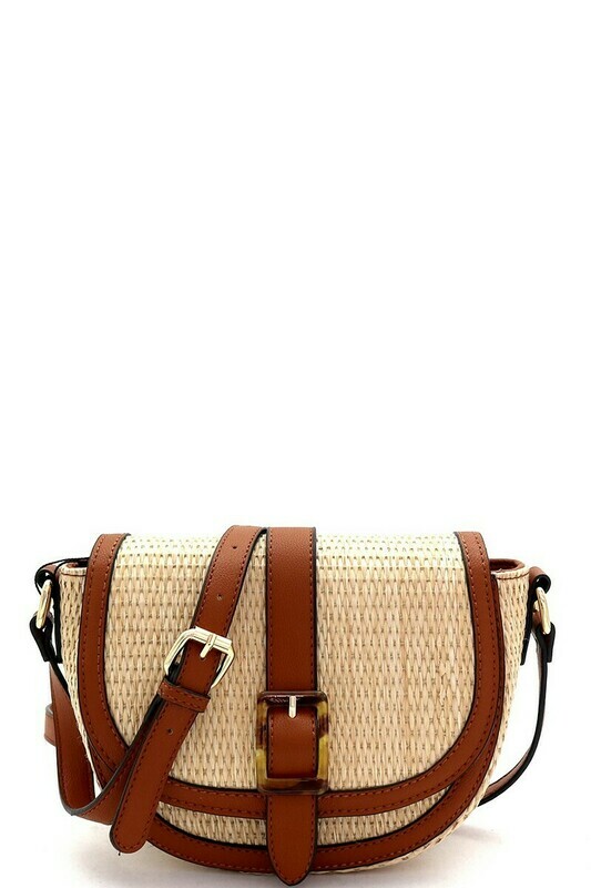 Woven Straw Buckle Saddle Shoulder Bag