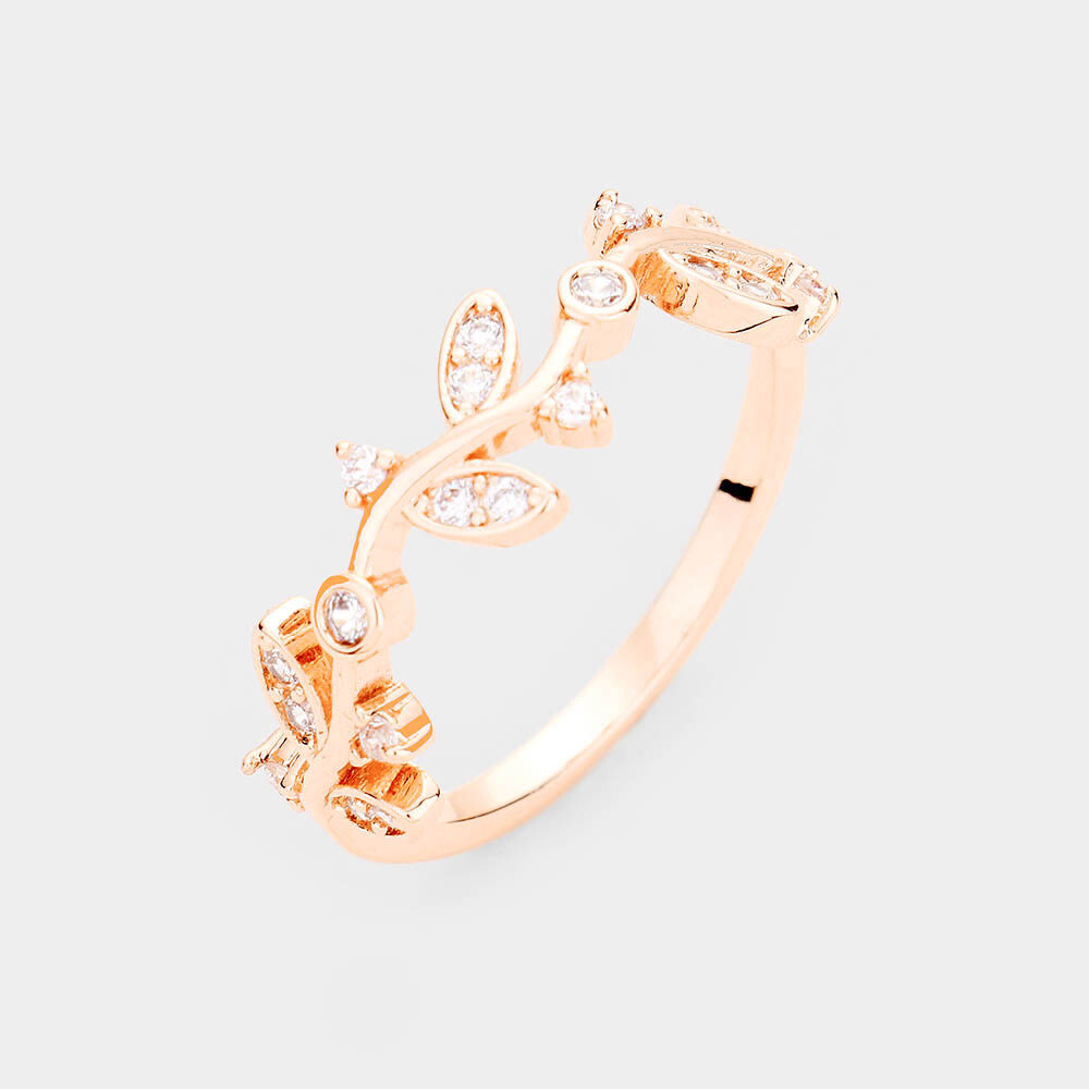 Rose Gold Plated CZ Leaf Ring