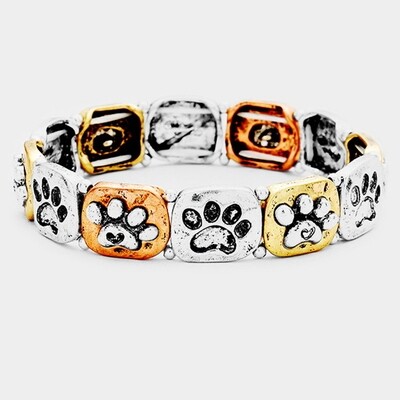 Tri Tone Paw Metal Rectangle Stretch Bracelet Tri Tone Paw Metal Rectangle Stretch Bracelet