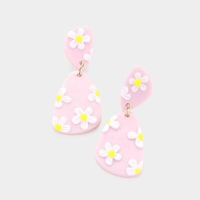 Pink Clay Flower Accented Dangle Earrings