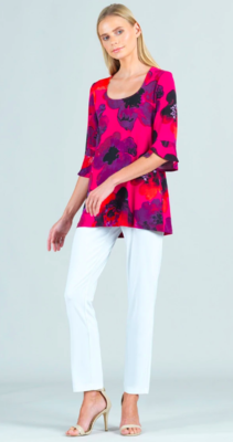 Poppy Print U-Neck Tulip Cuff Sleeve Tunic