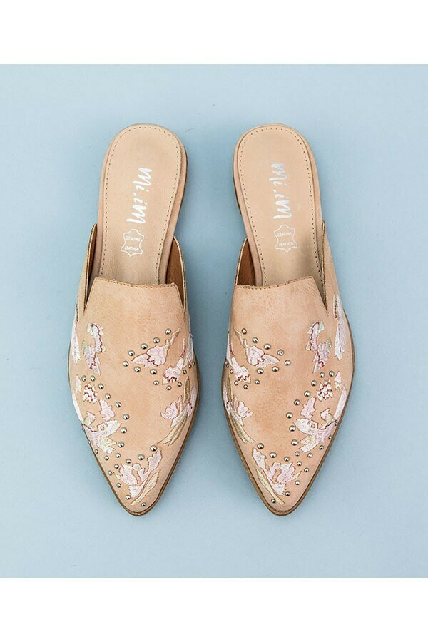 Blush Leather Embroidered Studded Mule