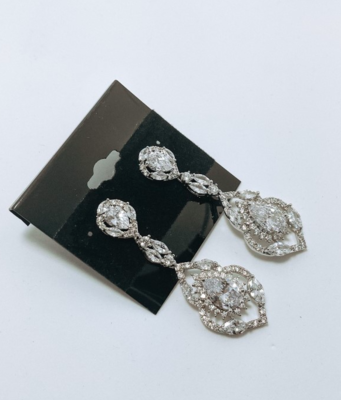 Silver AAA CZ Hollow Out Long Dangle Formal Earring