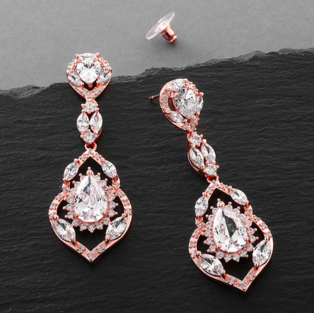 Rose Gold AAA CZ Hollow Out Long Dangle Formal Earring