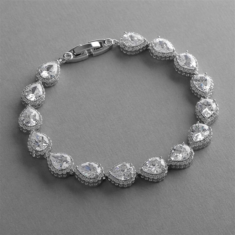 Petite Size 6 5/8" AAA CZ Framed Pears Rhodium Bracelet