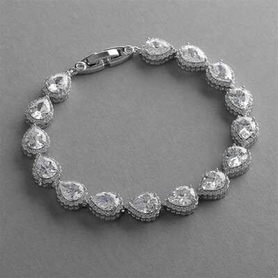 Petite Size 6 5/8" AAA CZ Framed Pears Rhodium Bracelet