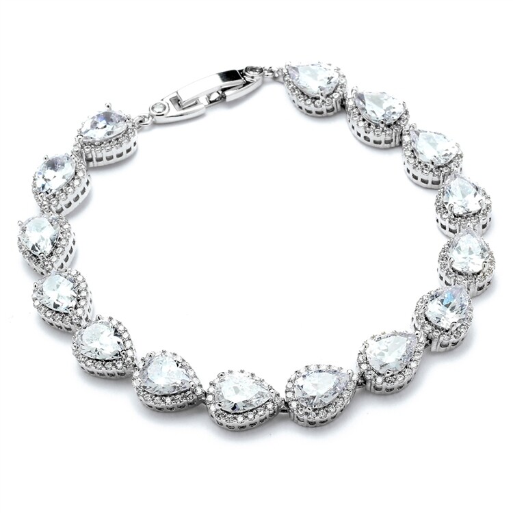 Petite Size 6 5/8&quot; AAA CZ Framed Pears Rhodium Bracelet