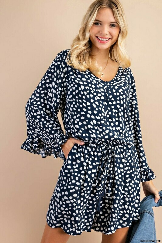 Indigo/White Button Down Ruffle Edge Romper