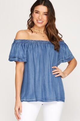 Soft Denim Off The Shoulder Flutter Sleeve Top