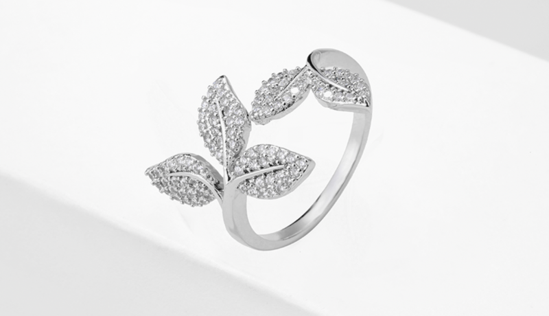 Pave AAA Cubic Zirconia Rhodium Adjustable Leaf Ring