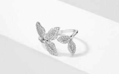 Pave AAA Cubic Zirconia Rhodium Adjustable Leaf Ring
