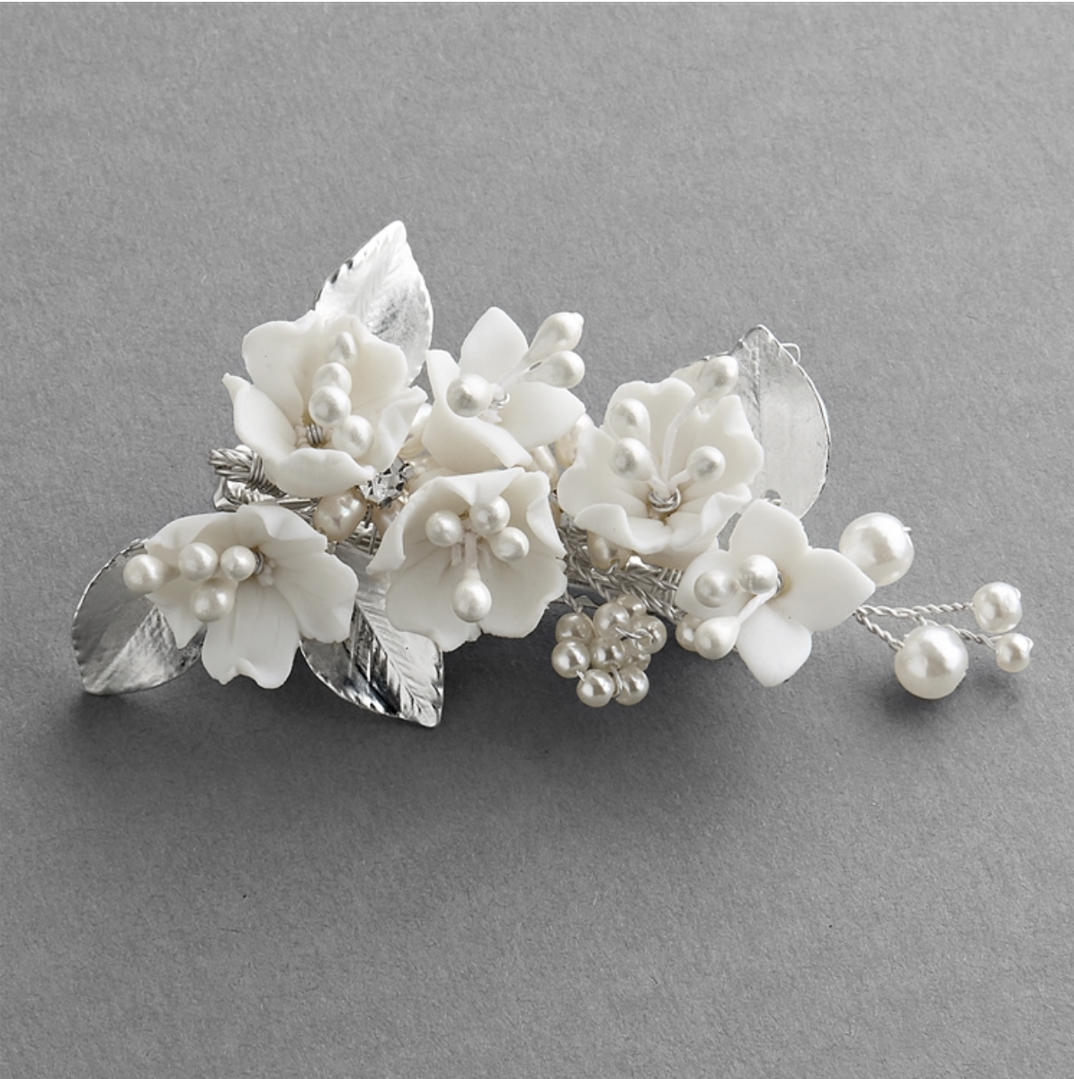 White Resin Flowers, Pearls Matte Silver Leaves