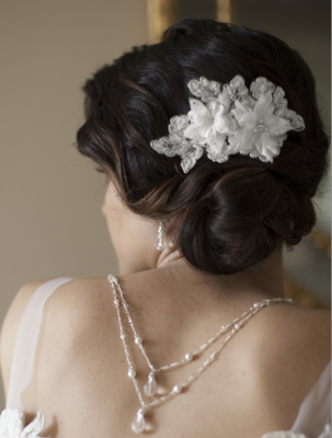 Handmade Bridal Comb with White Beaded Floral Lace Applique