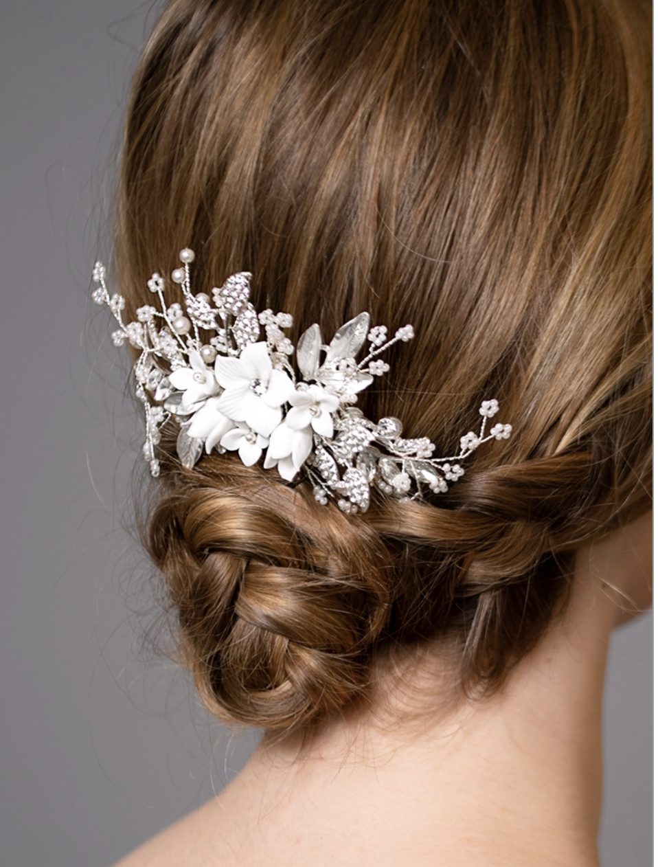White Resin Flowers, Crystals and Dainty Pearl Sprays Hair Comb