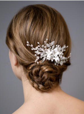 White Resin Flowers, Crystals and Dainty Pearl Sprays Hair Comb