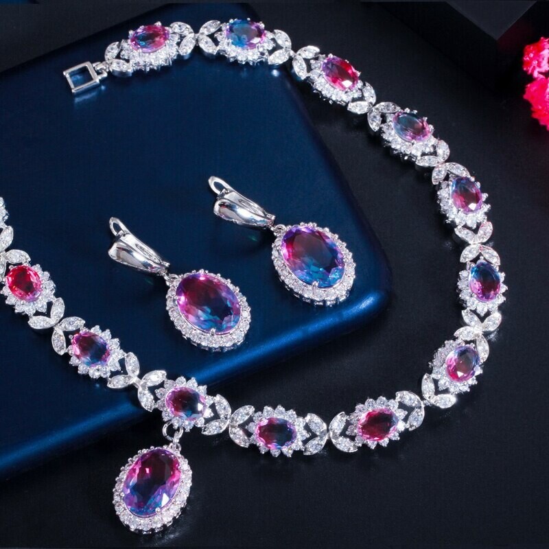  Elegant Mystical Rainbow Cubic Zirconia Crystal Oval Drop Set