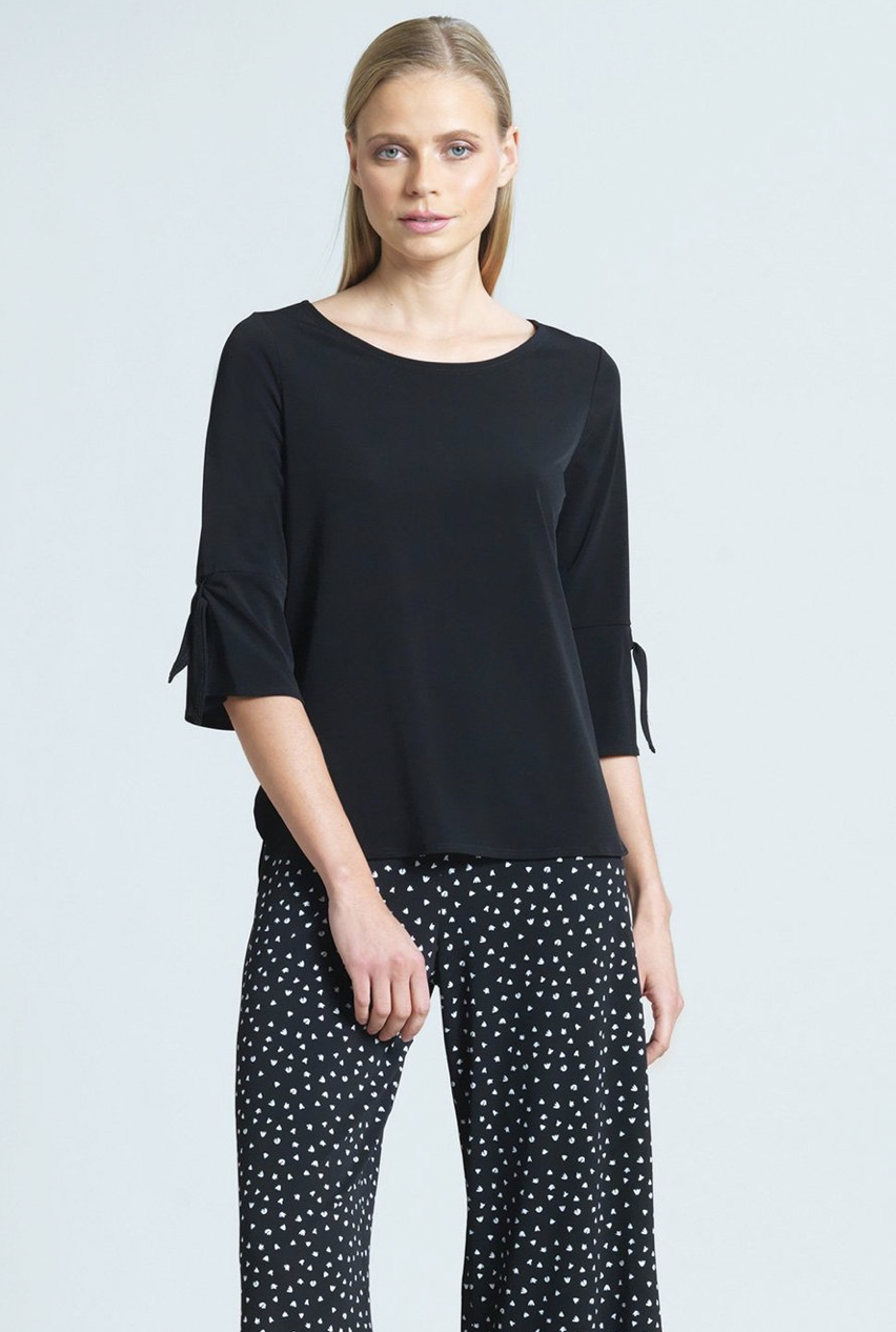 Black Solid Tie Cuff Detailed Soft Knit ScoopTop