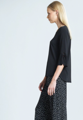 Black Solid Tie Cuff Detailed Soft Knit ScoopTop