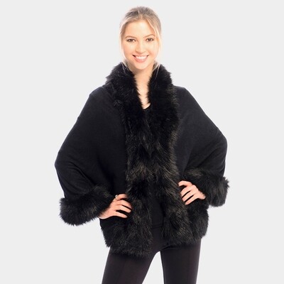 Black Faux fur trim shawl poncho