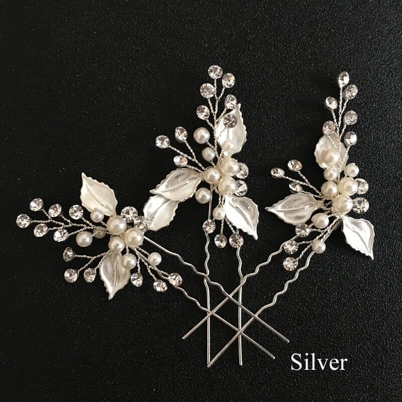 Vintage Brushed Leaf Crystal Pearl Hair Pin