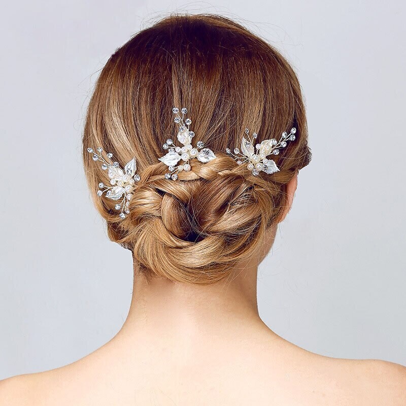 Vintage Brushed Leaf Crystal Pearl Hair Pin