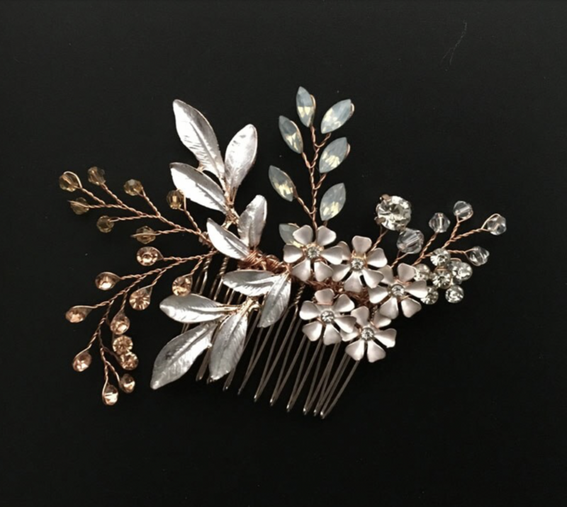 Rose Gold Brushed Leaf Floral Crystal Opal Hair Comb