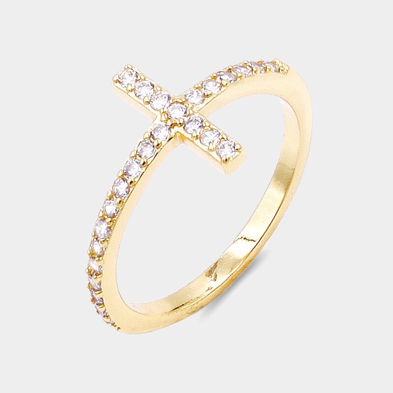 Micro Pave CZ Embellished Metal Cross Ring