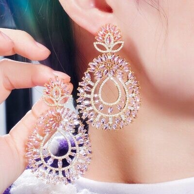 Spectacular Gold Rose Pink Crystal Open Statement Earring