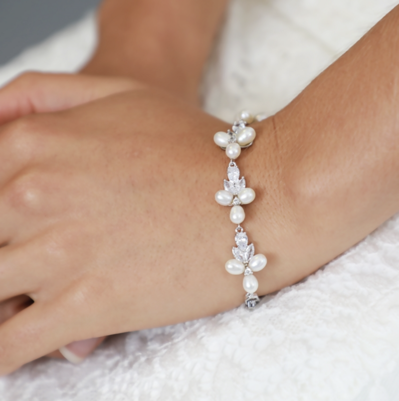 Genuine Freshwater Pearl &amp; CZ Platinum Bracelet