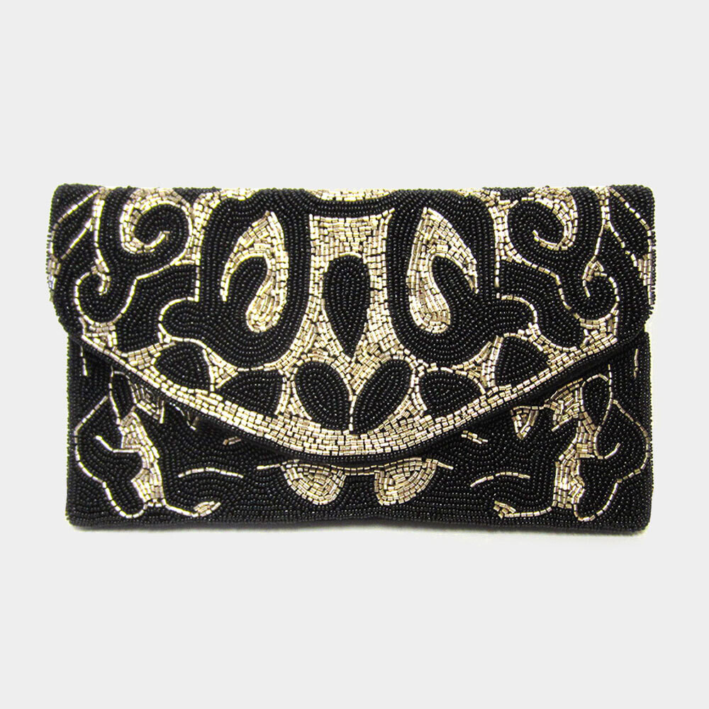 Black Gold Abstract Pattern Seed Beaded Clutch / Crossbody Bag