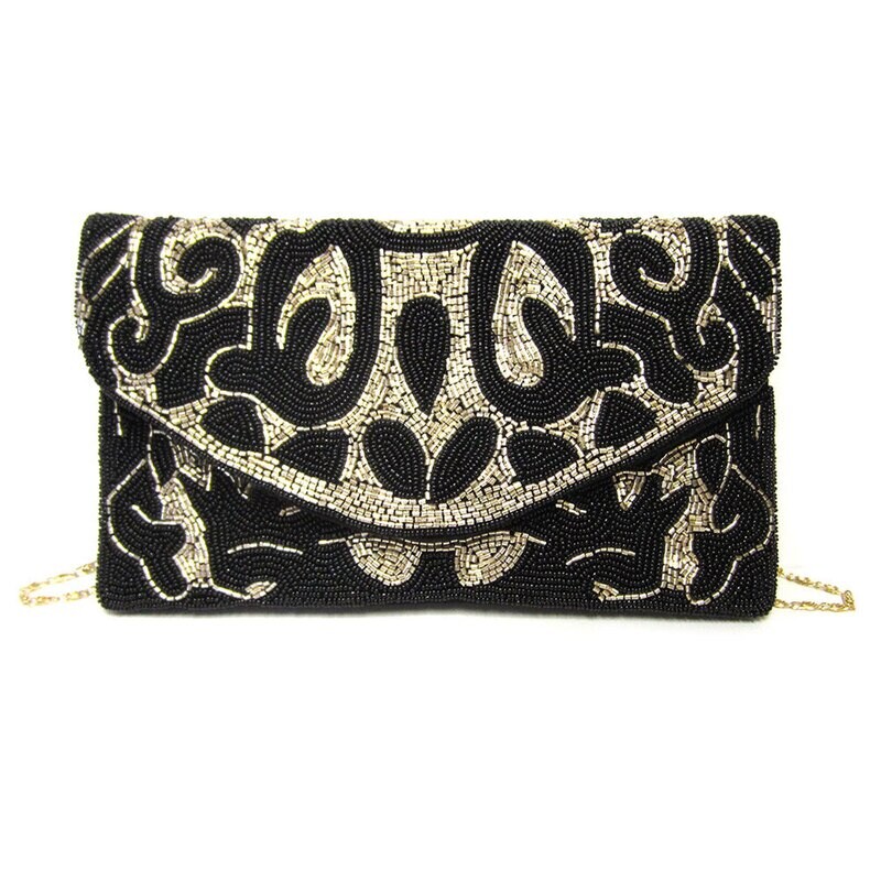 Black Gold Abstract Pattern Seed Beaded Clutch / Crossbody Bag