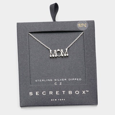  Sterling Silver Dipped CZ MOM Message Pendant Necklace
