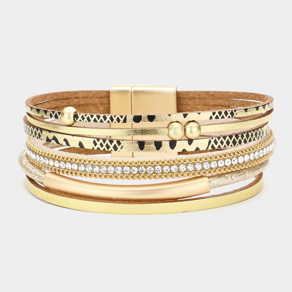 Patterned Faux Leather Magnetic Bracelet, Color: Gold
