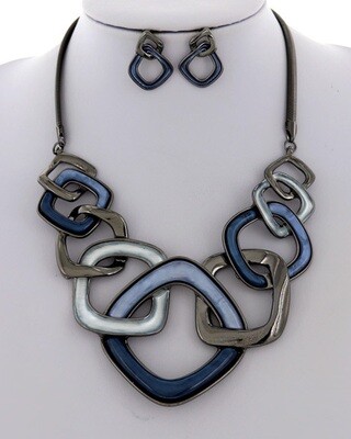 Hematite/Blue Interlocking Squares Necklace Set