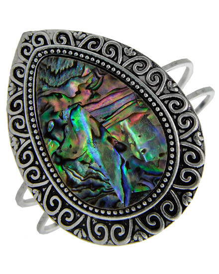Antique Silver Green Multi Colored Abalone Cuff Bracelet