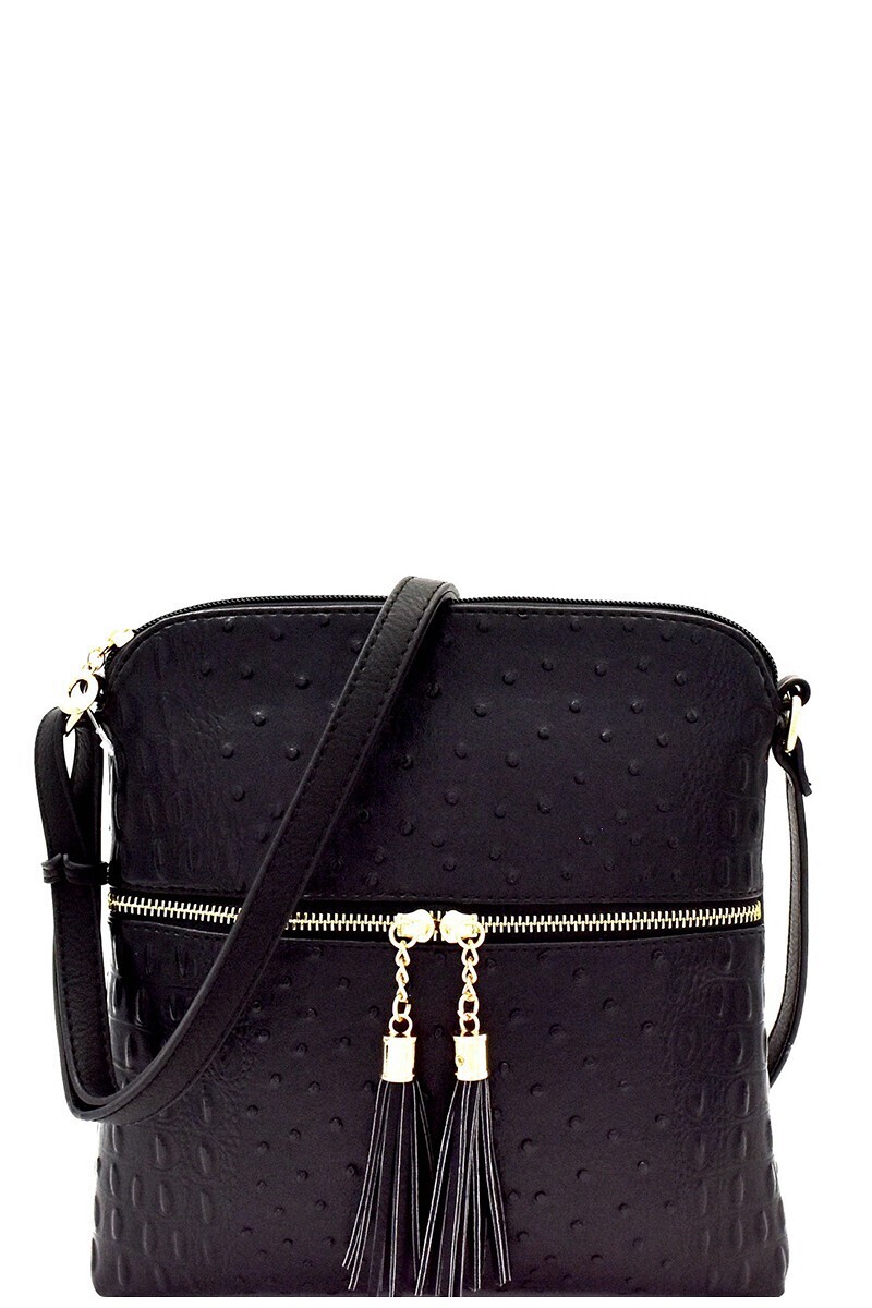 Tassel Zipper Pocket Accent Crossbody Handbag, Color: Black
