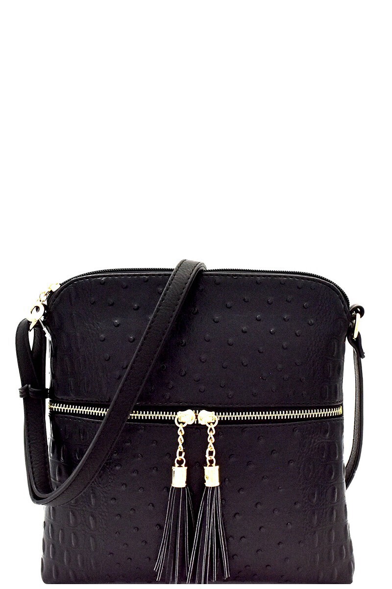 Tassel Zipper Pocket Accent Crossbody Handbag