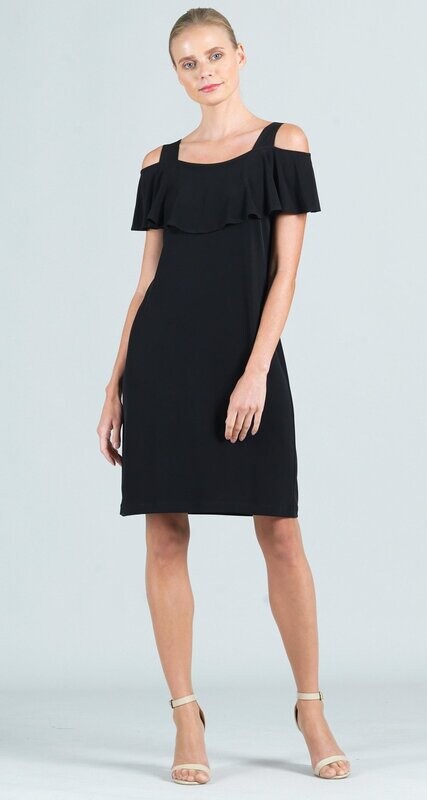 Black Open Shoulder Ruffle Neckline Dress