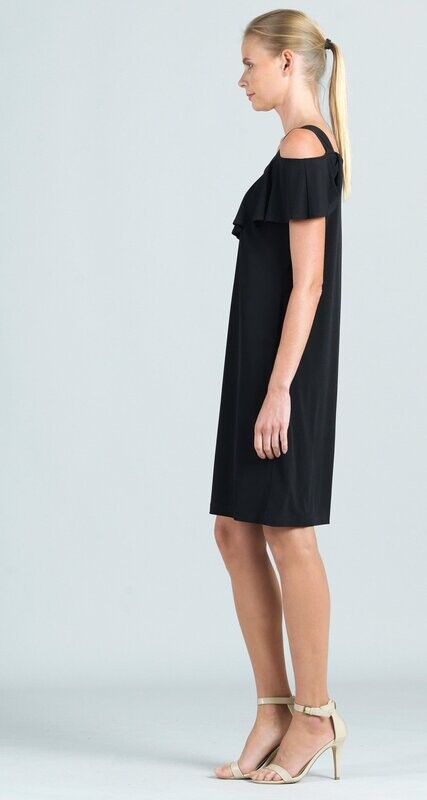 Black Open Shoulder Ruffle Neckline Dress