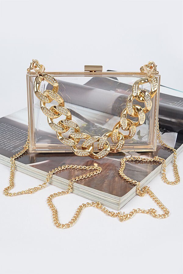 Transparent Hard Case With Embellished Chain, Color: Gold